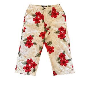 La Cabana Tropical Print  Floral Tan  Red Hibiscus Cropped Pants SZ 10P #2465